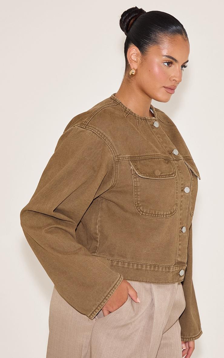 Pretty Little Thing Plus Brown Collarless Detail Denim Jacket