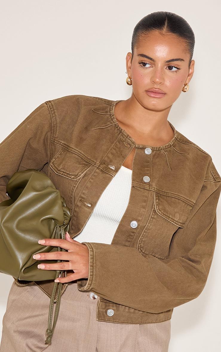 Pretty Little Thing Plus Brown Collarless Detail Denim Jacket