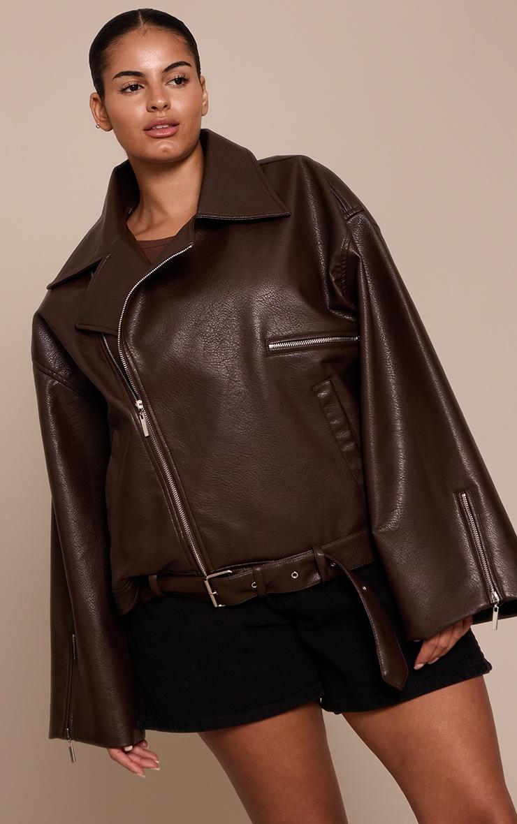 Pretty Little Thing Plus Brown Faux Leather Oversized Biker Jacket