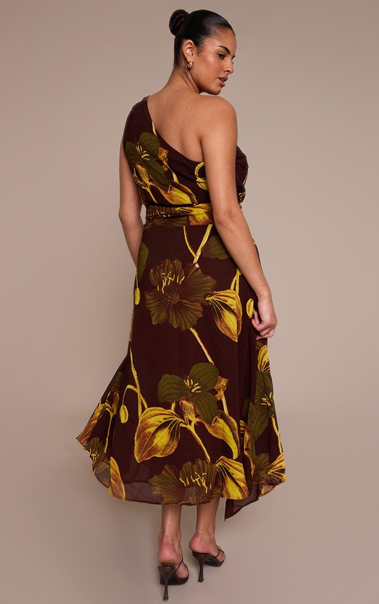 Pretty Little Thing Plus Brown Floral Print Chiffon One Shoulder Maxi Dress
