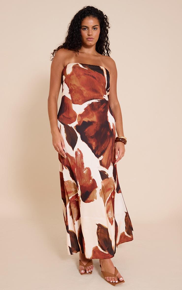 Pretty Little Thing Plus Brown Floral Satin Maxi Dress