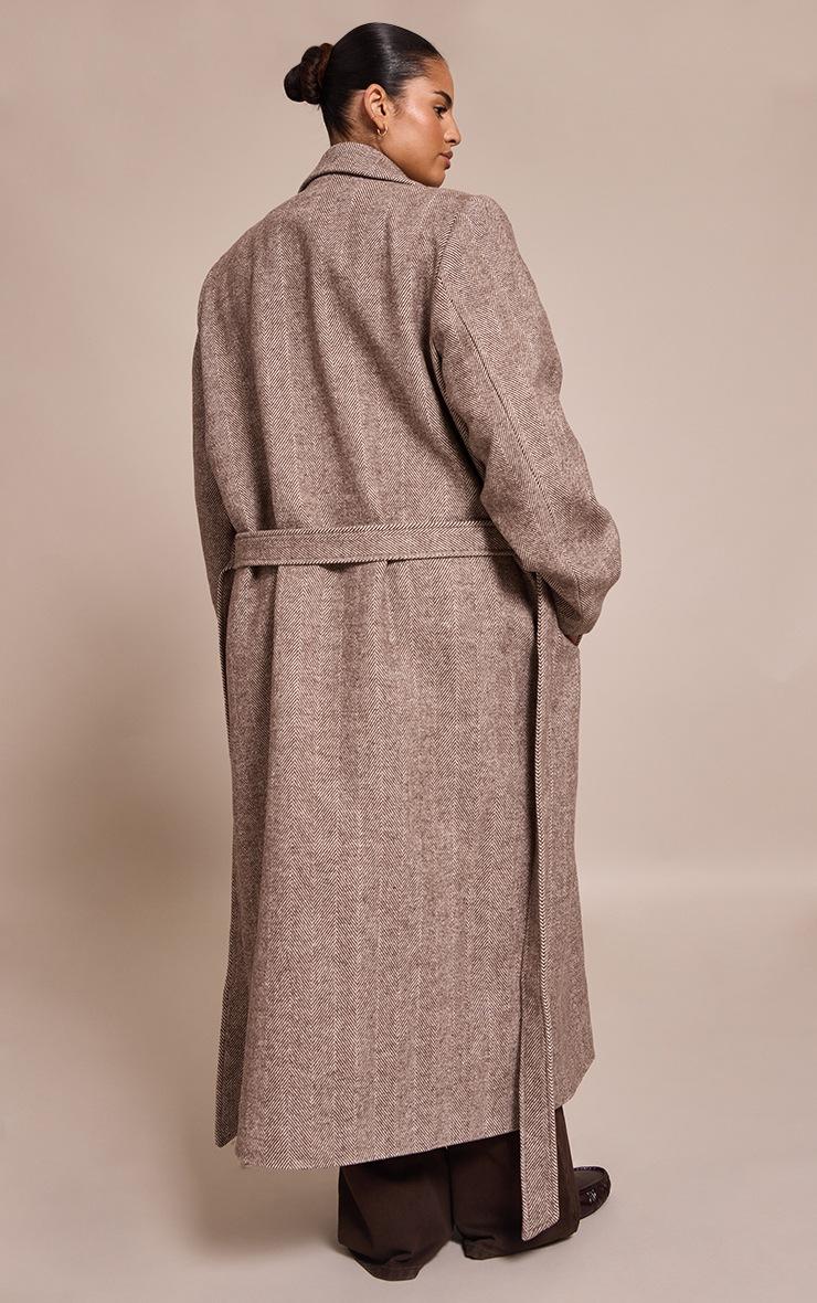 Pretty Little Thing Plus Brown Herringbone Tie Waist Maxi Coat