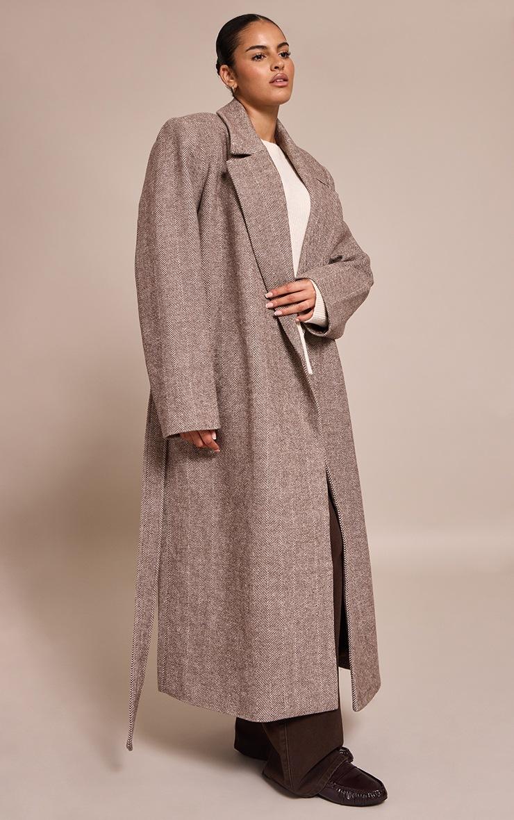 Pretty Little Thing Plus Brown Herringbone Tie Waist Maxi Coat