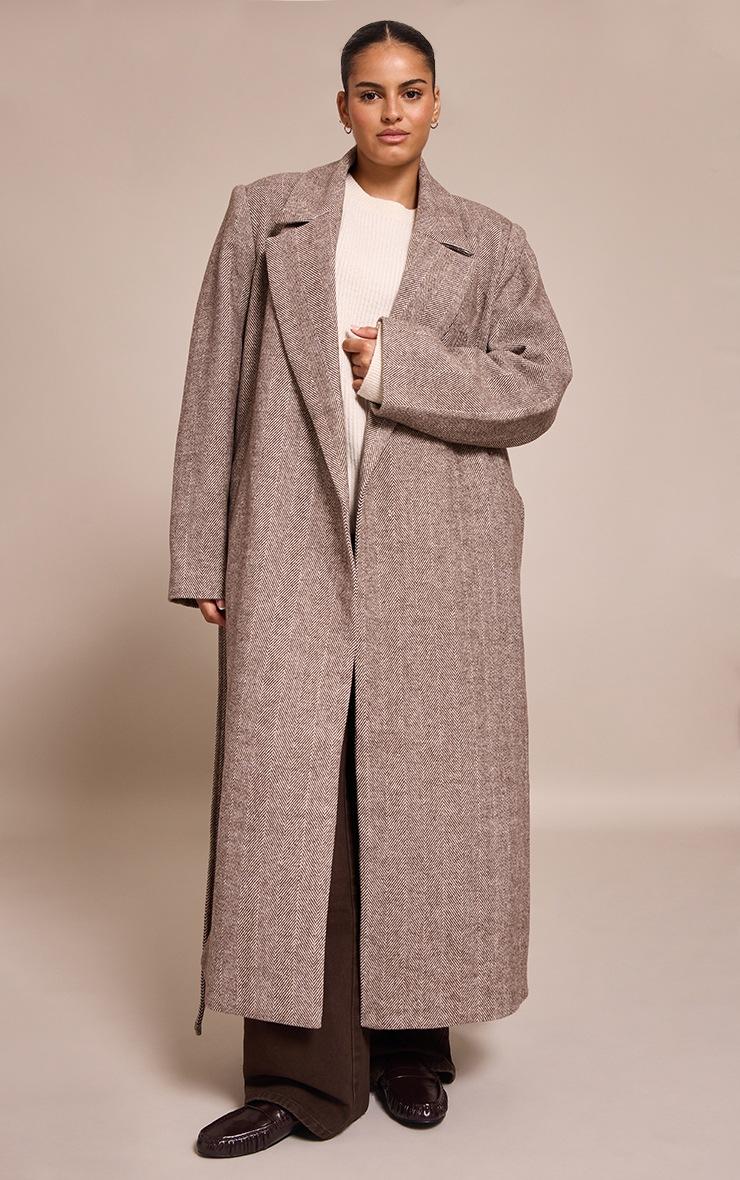 Pretty Little Thing Plus Brown Herringbone Tie Waist Maxi Coat