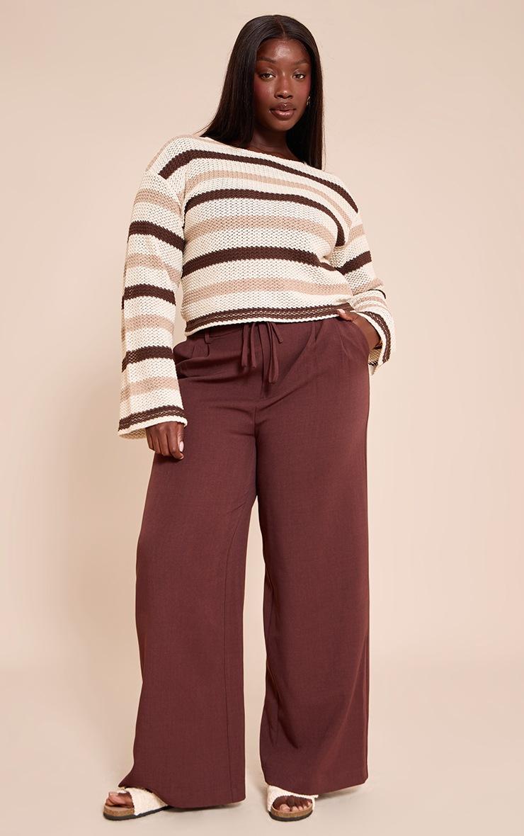 Pretty Little Thing Plus Brown Striped Boatneck Long Sleeve Top