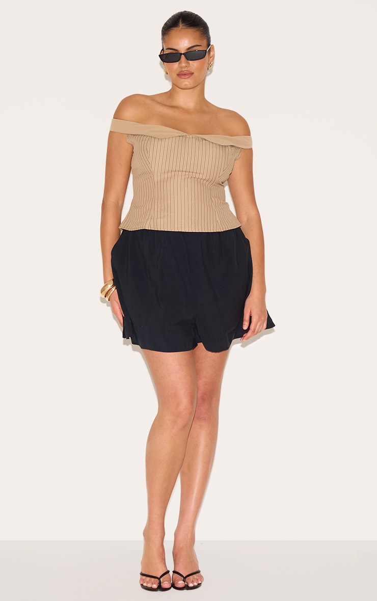 Pretty Little Thing Plus Brown Striped Peach Skin Bardot Long Top
