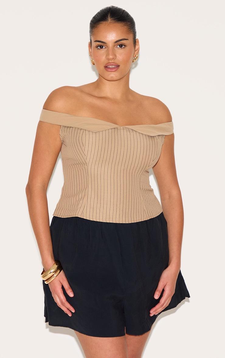 Pretty Little Thing Plus Brown Striped Peach Skin Bardot Long Top