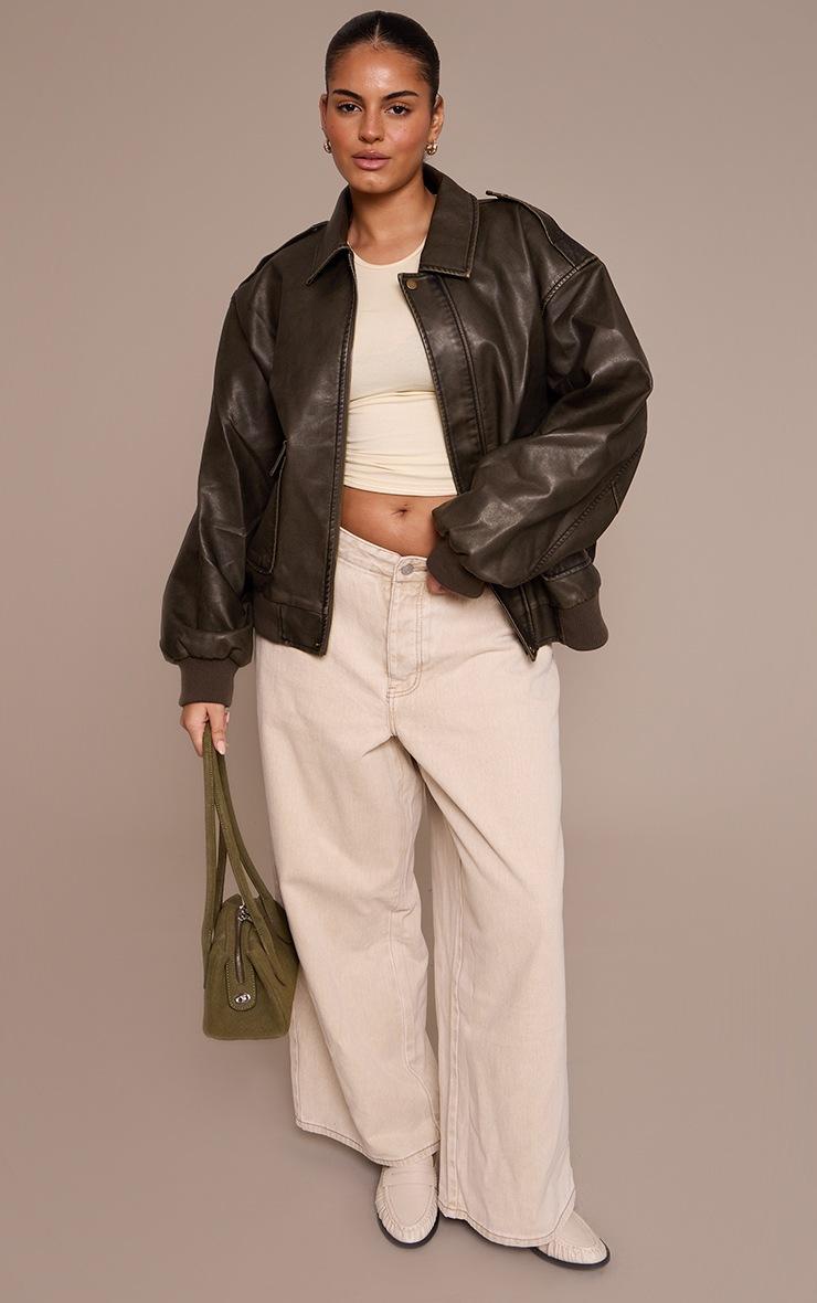 Pretty Little Thing Plus Brown Washed Faux Leather Pocket Detail Bomber Jacket