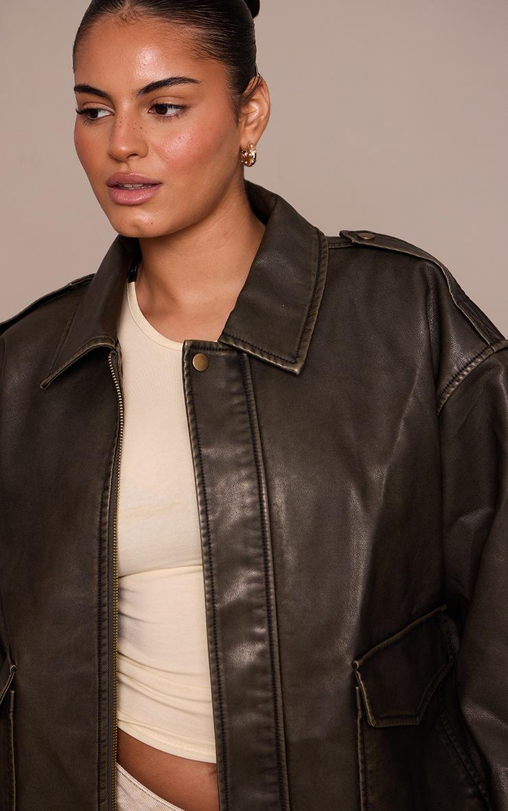 Pretty Little Thing Plus Brown Washed Faux Leather Pocket Detail Bomber Jacket