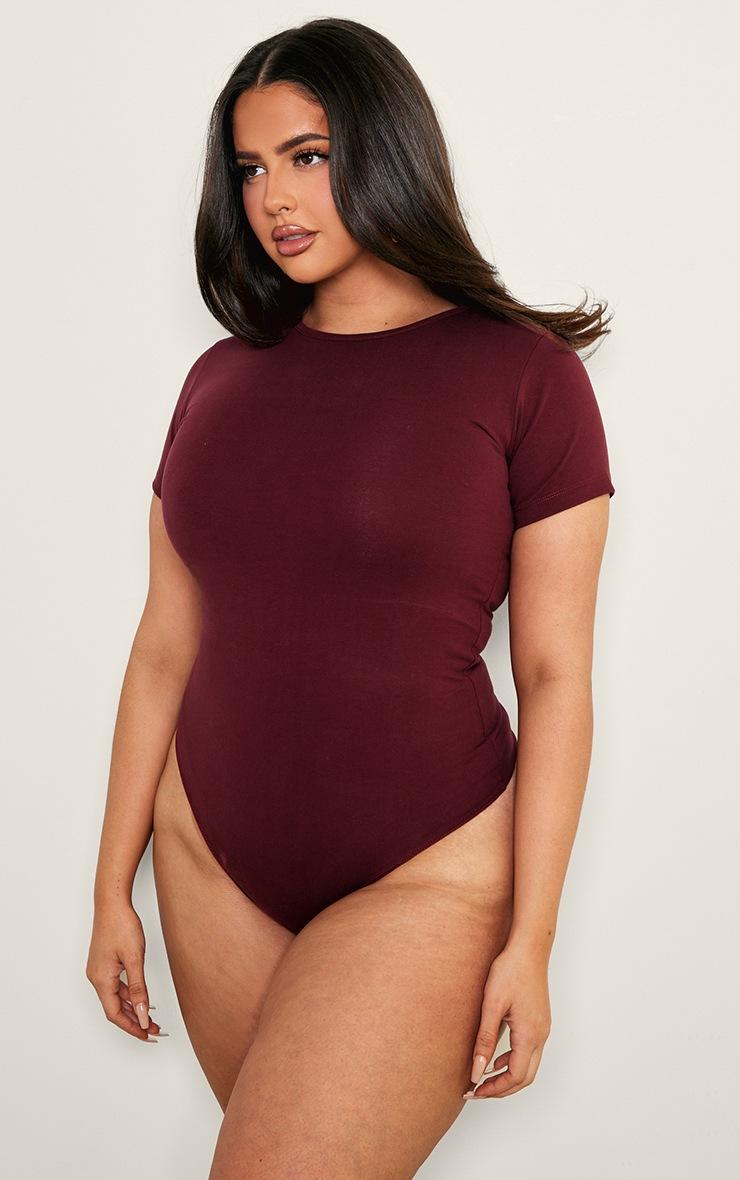 Pretty Little Thing Plus Burgundy Premium Cotton Cap Sleeve Fitted Bodysuit