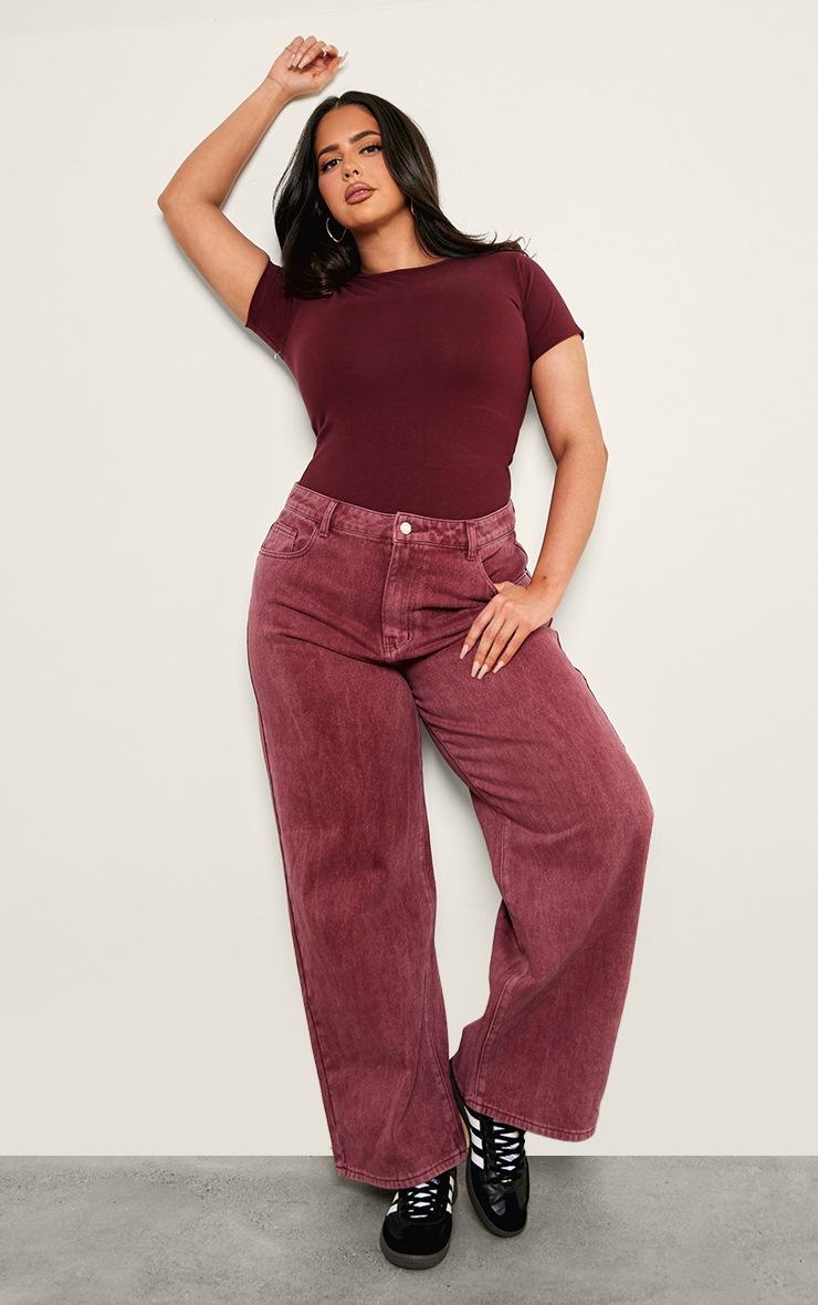 Pretty Little Thing Plus Burgundy Premium Cotton Cap Sleeve Fitted Bodysuit