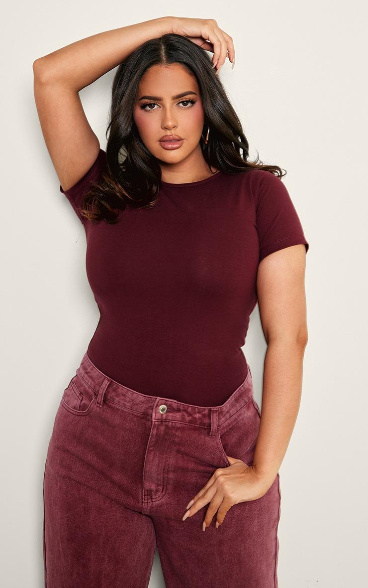 Pretty Little Thing Plus Burgundy Premium Cotton Cap Sleeve Fitted Bodysuit