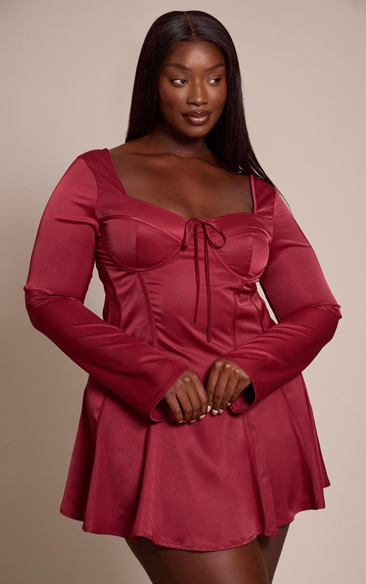 Pretty Little Thing Plus Burgundy Satin Long Sleeve Mini Dress