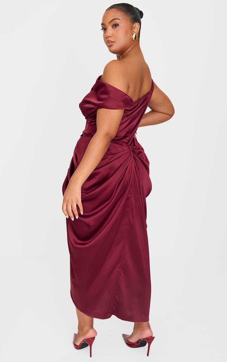 Pretty Little Thing Plus Burgundy Satin Off The Shoulder Draped Skirt Midi Dress