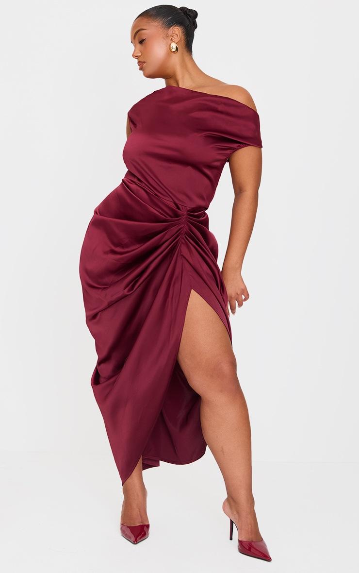 Pretty Little Thing Plus Burgundy Satin Off The Shoulder Draped Skirt Midi Dress