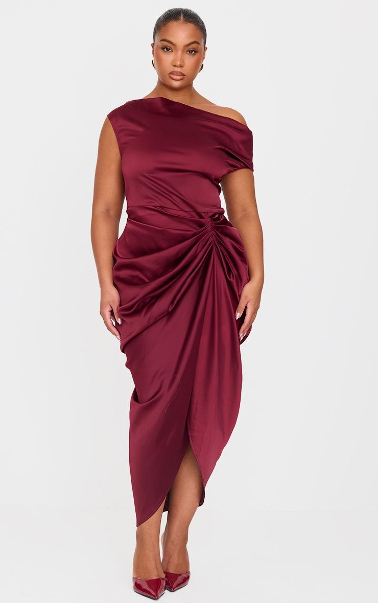Pretty Little Thing Plus Burgundy Satin Off The Shoulder Draped Skirt Midi Dress