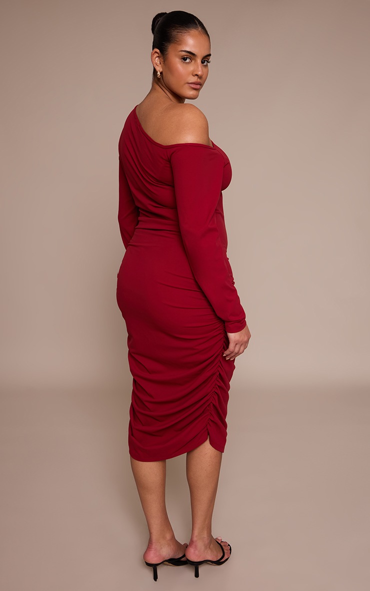 Pretty Little Thing Plus Burgundy Sculpt Off Shoulder Ruched Midi Dress