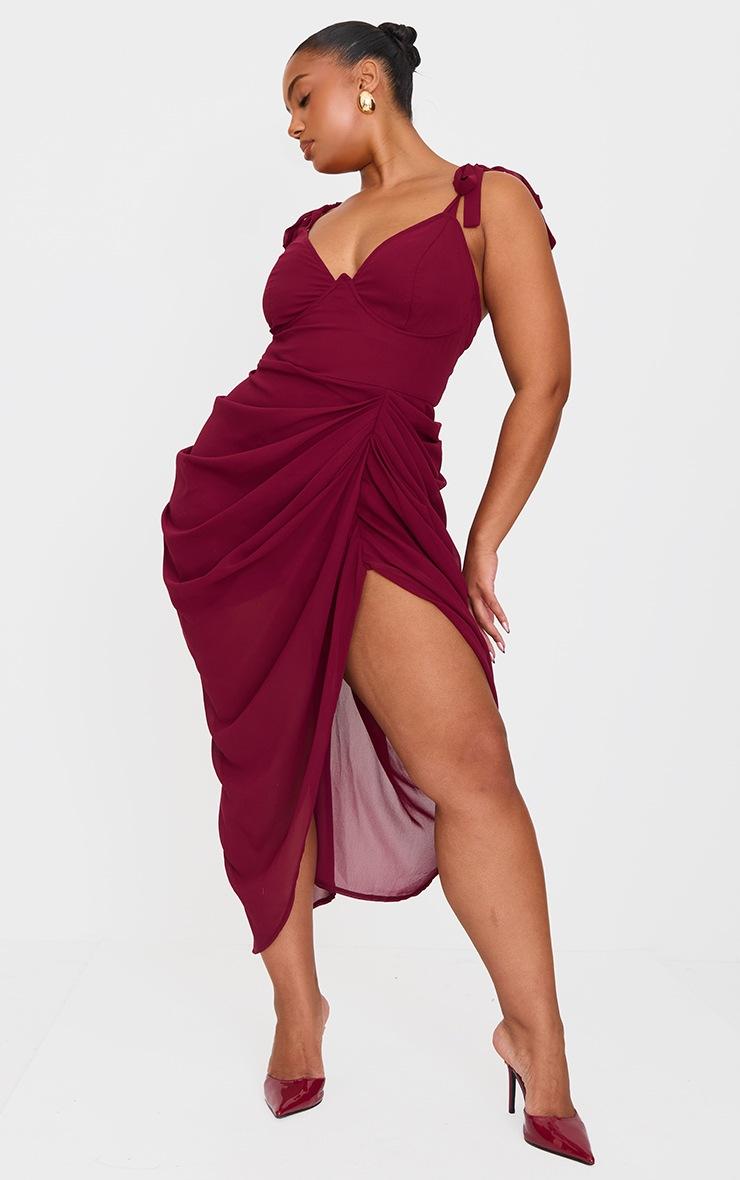 Pretty Little Thing Plus Burgundy Underwire Detail Draped Midi Dress