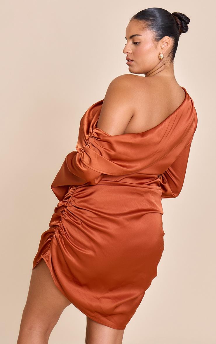 Pretty Little Thing Plus Burnt Orange Satin One Shoulder Drape Bodycon Dress