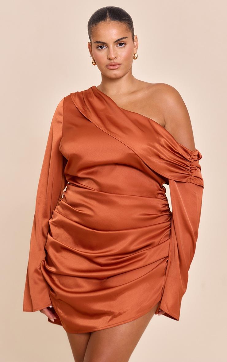 Pretty Little Thing Plus Burnt Orange Satin One Shoulder Drape Bodycon Dress
