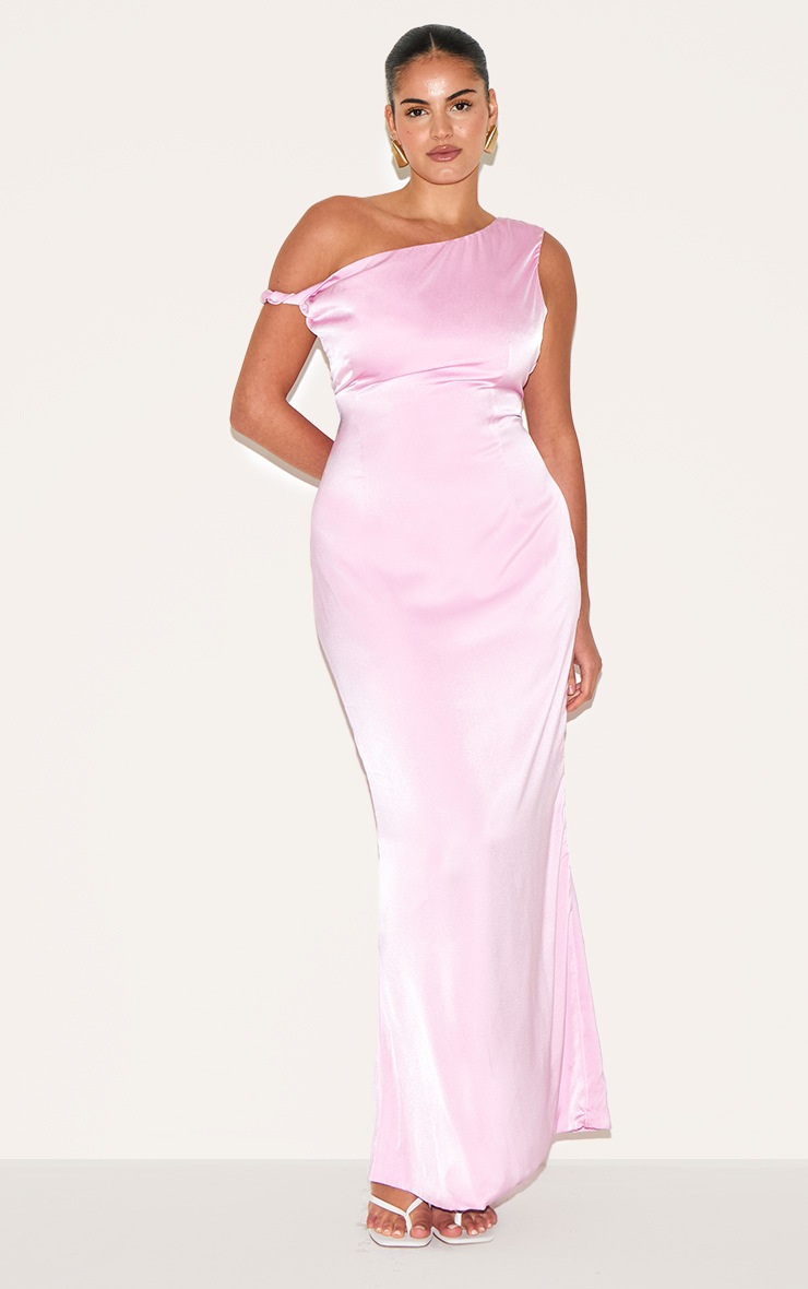 Pretty Little Thing Plus Candy Pink Satin Asymmetric Bardot Twist Maxi Dress