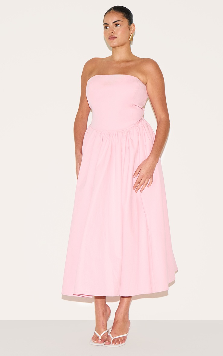 Pretty Little Thing Plus Candy Pink Woven Bandeau Ruched Skater Midaxi Dress