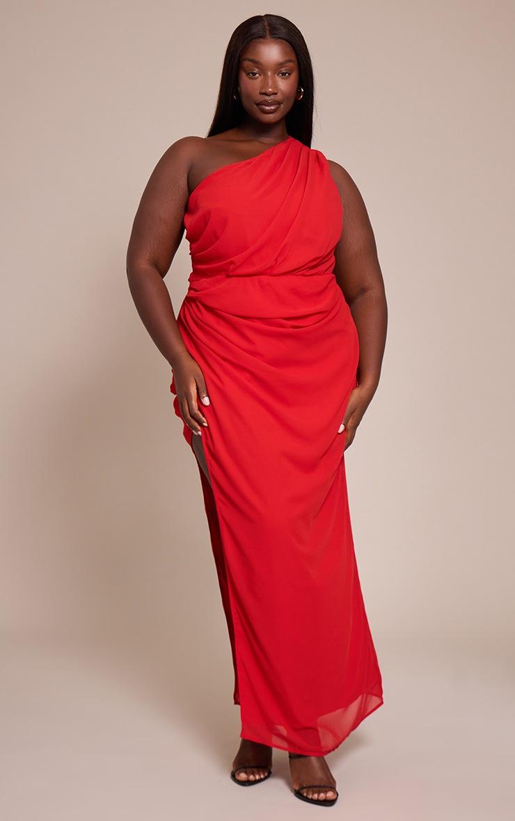 Pretty Little Thing Plus Chiffon Red One Shoulder Maxi Dress