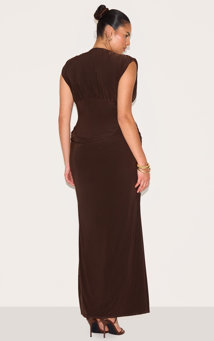 Pretty Little Thing Plus Chocolate Double Layer Plunge Ruched Shoulder Drape Waist Maxi Dress