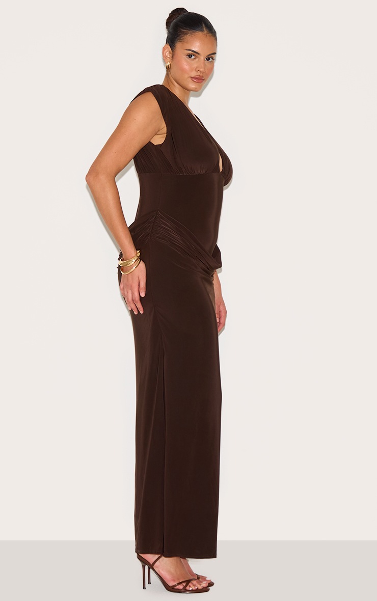 Pretty Little Thing Plus Chocolate Double Layer Plunge Ruched Shoulder Drape Waist Maxi Dress