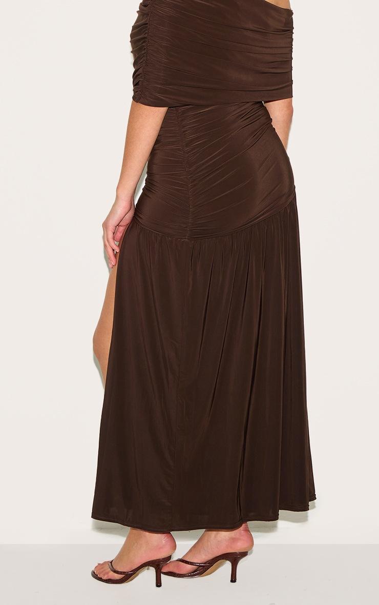 Pretty Little Thing Plus Chocolate Double Layer Slinky Bardot Ruched Maxi Dress