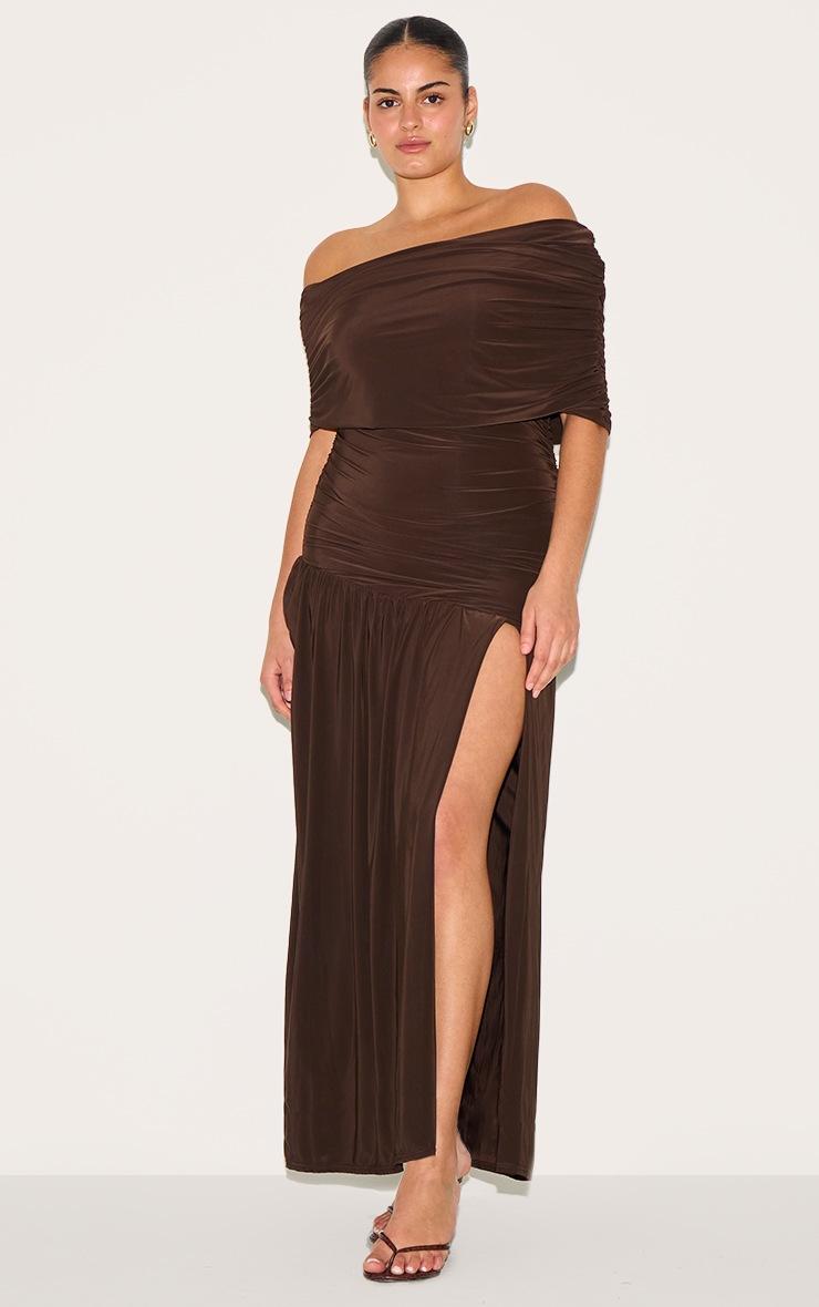 Pretty Little Thing Plus Chocolate Double Layer Slinky Bardot Ruched Maxi Dress