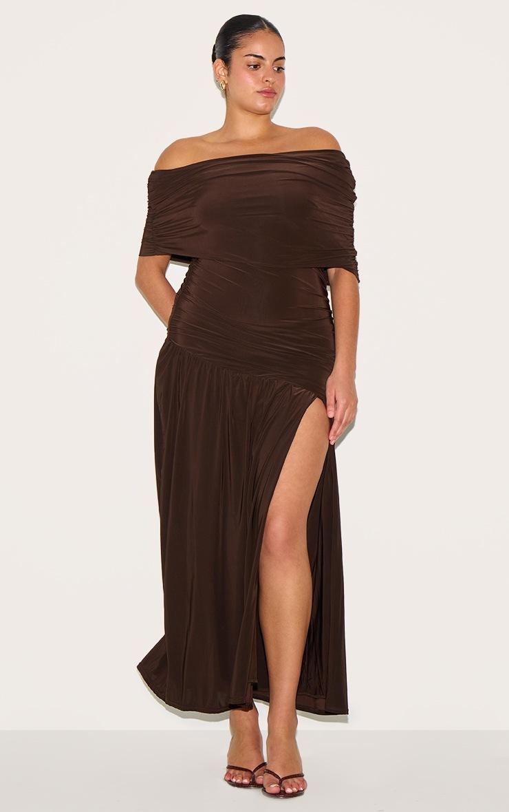 Pretty Little Thing Plus Chocolate Double Layer Slinky Bardot Ruched Maxi Dress