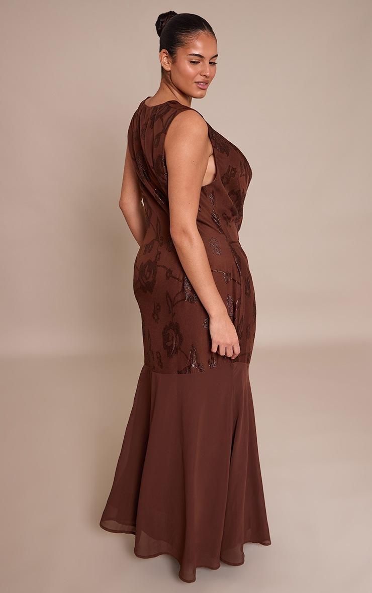 Pretty Little Thing Plus Chocolate Floral Applique Cowl Neck Maxi Dress