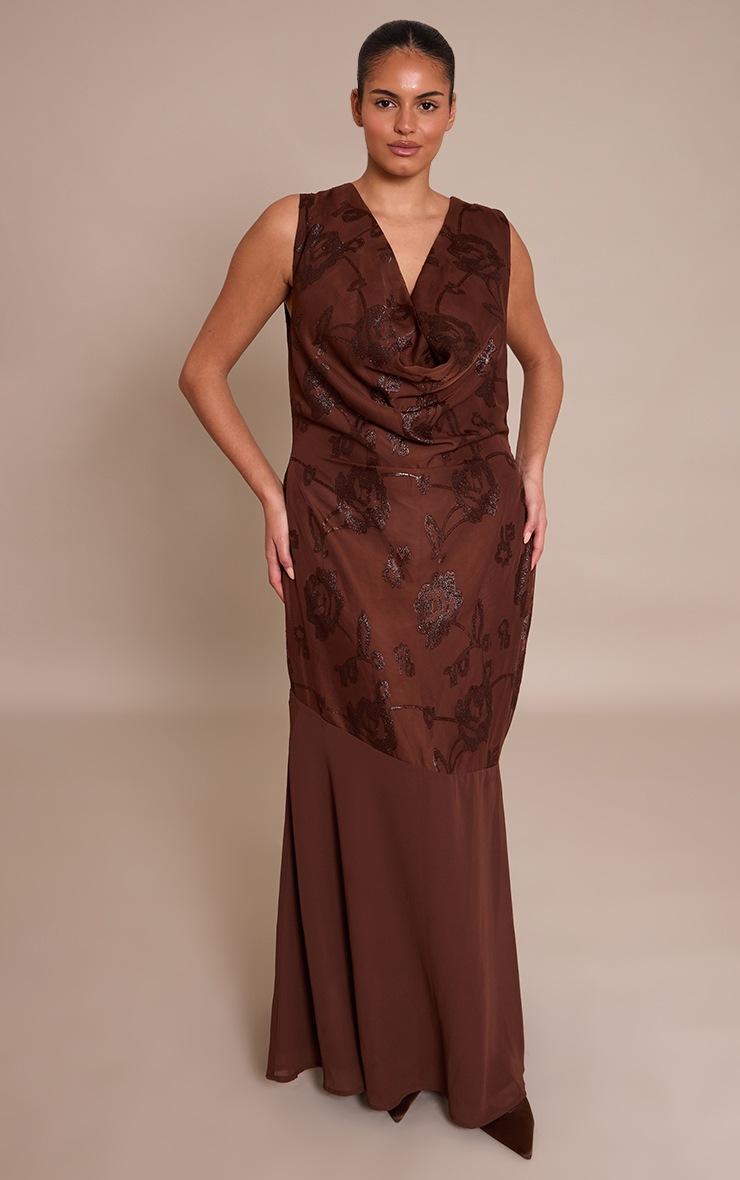 Pretty Little Thing Plus Chocolate Floral Applique Cowl Neck Maxi Dress