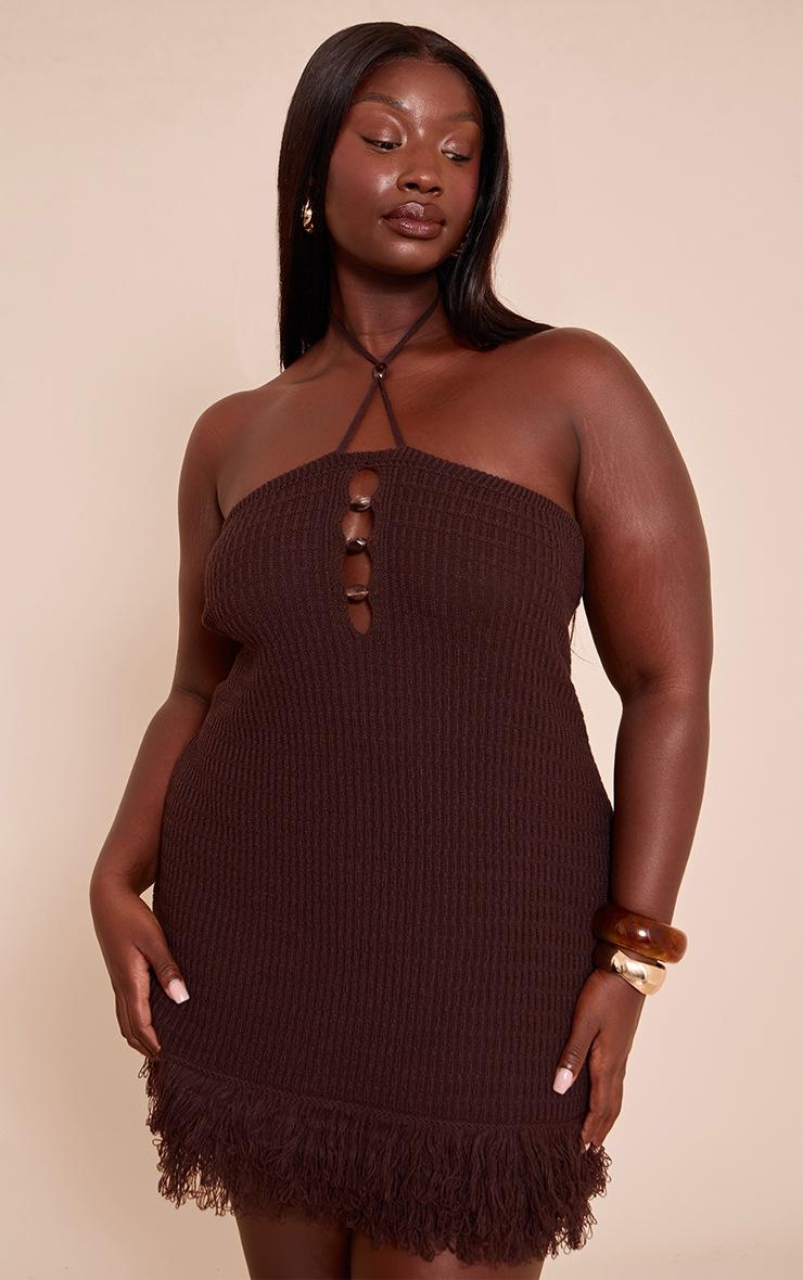 Pretty Little Thing Plus Chocolate Halterneck Bead Detail Knit Mini Dress