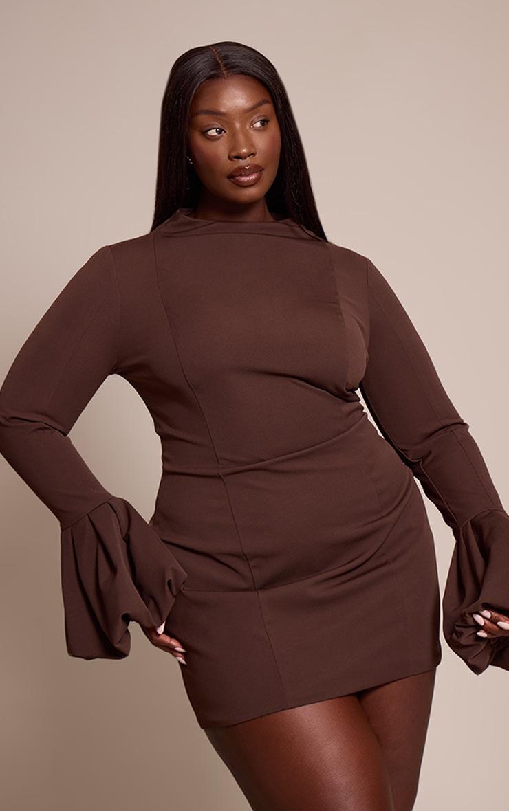 Pretty Little Thing Plus Chocolate High Neck Puff Sleeve Bodycon Dress