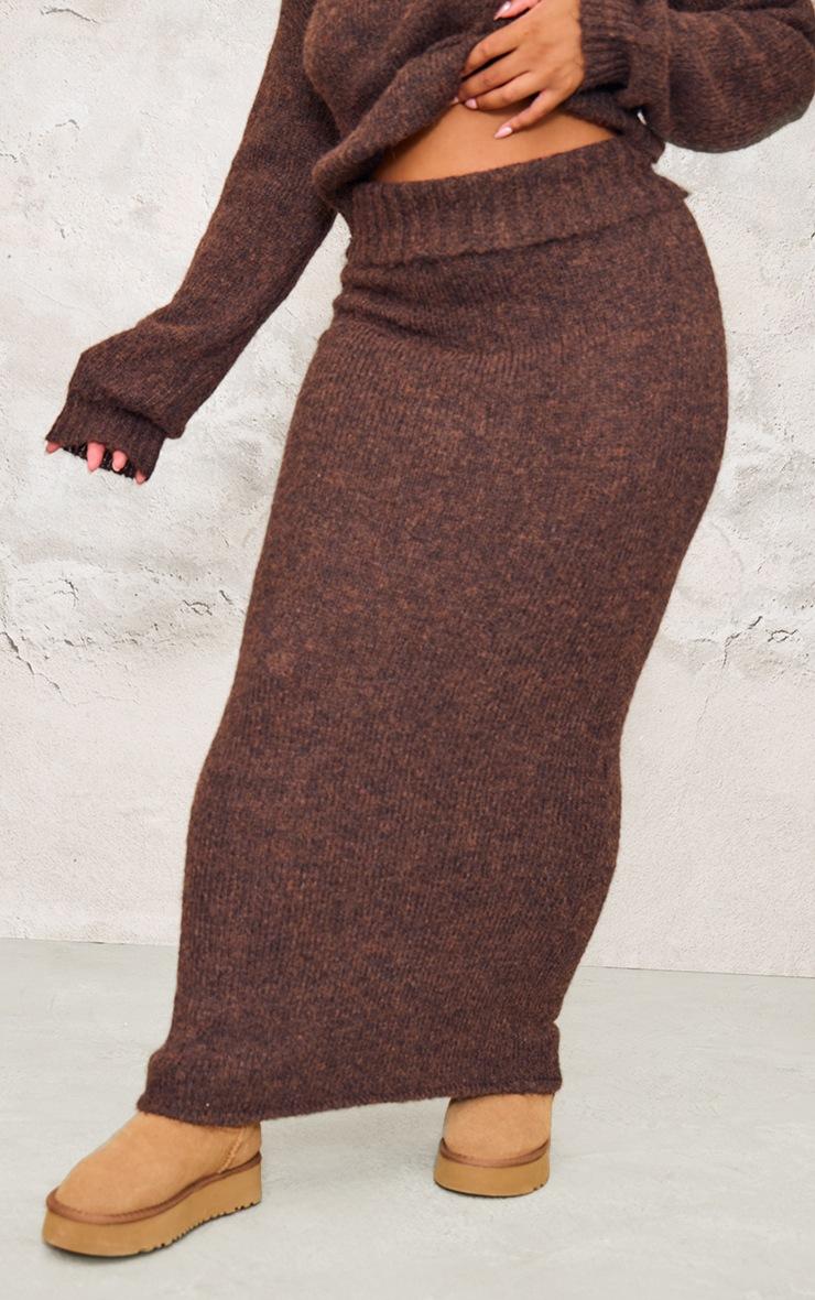 Pretty Little Thing Plus Chocolate Marl Knit Foldover Maxi Skirt