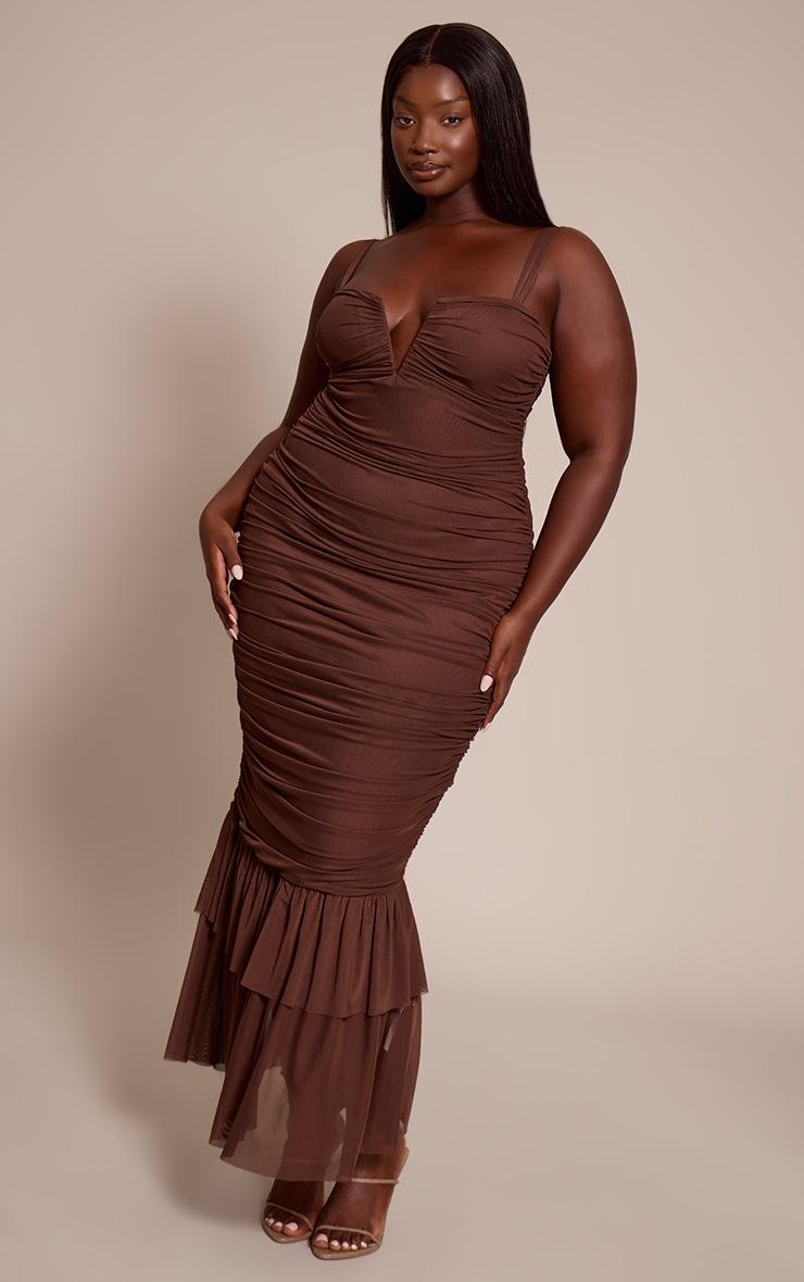 Pretty Little Thing Plus Chocolate Mesh Plunge Neck Ruched Midaxi Dress