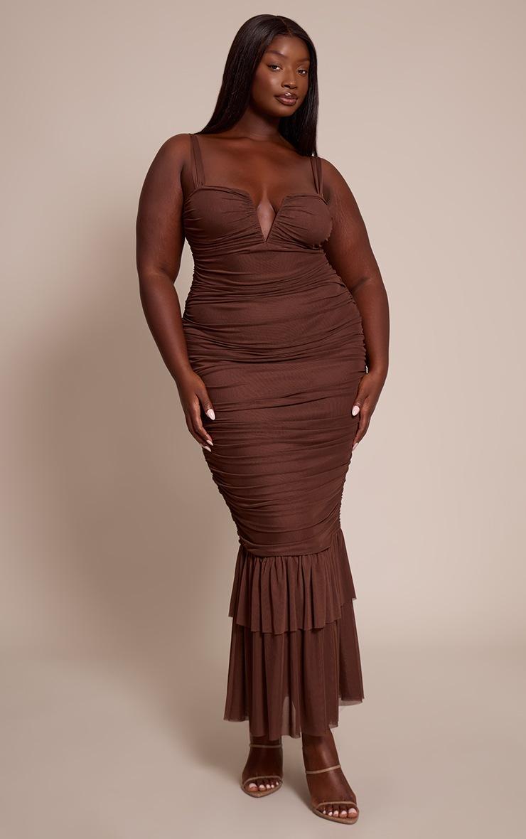 Pretty Little Thing Plus Chocolate Mesh Plunge Neck Ruched Midaxi Dress