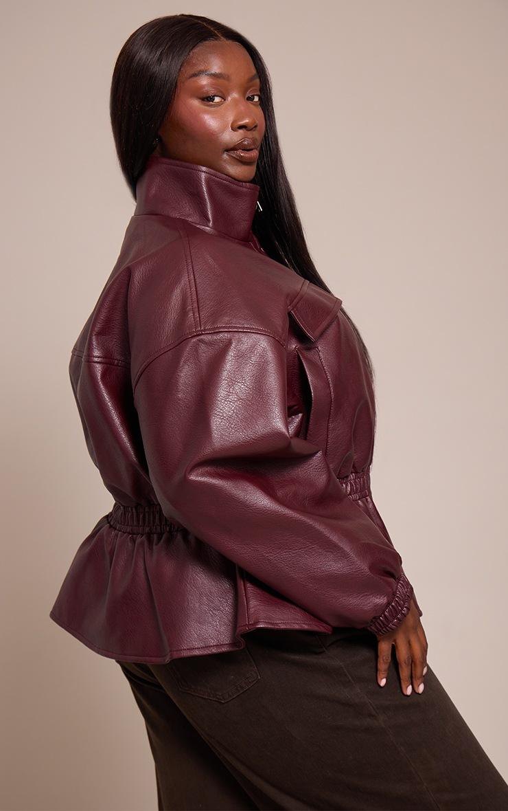Pretty Little Thing Plus Chocolate Plum High Neck Cinched Waist Faux Leather Jacket
