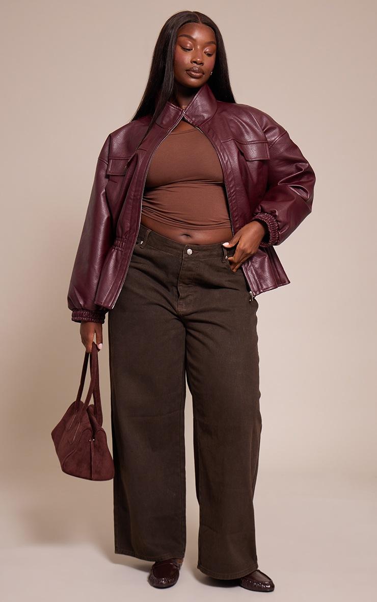 Pretty Little Thing Plus Chocolate Plum High Neck Cinched Waist Faux Leather Jacket