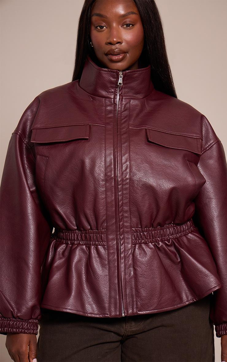 Pretty Little Thing Plus Chocolate Plum High Neck Cinched Waist Faux Leather Jacket