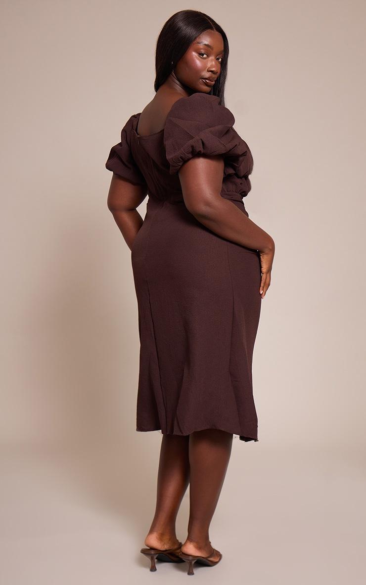 Pretty Little Thing Plus Chocolate Puff Sleeve Ruched Split Side Midi Dress