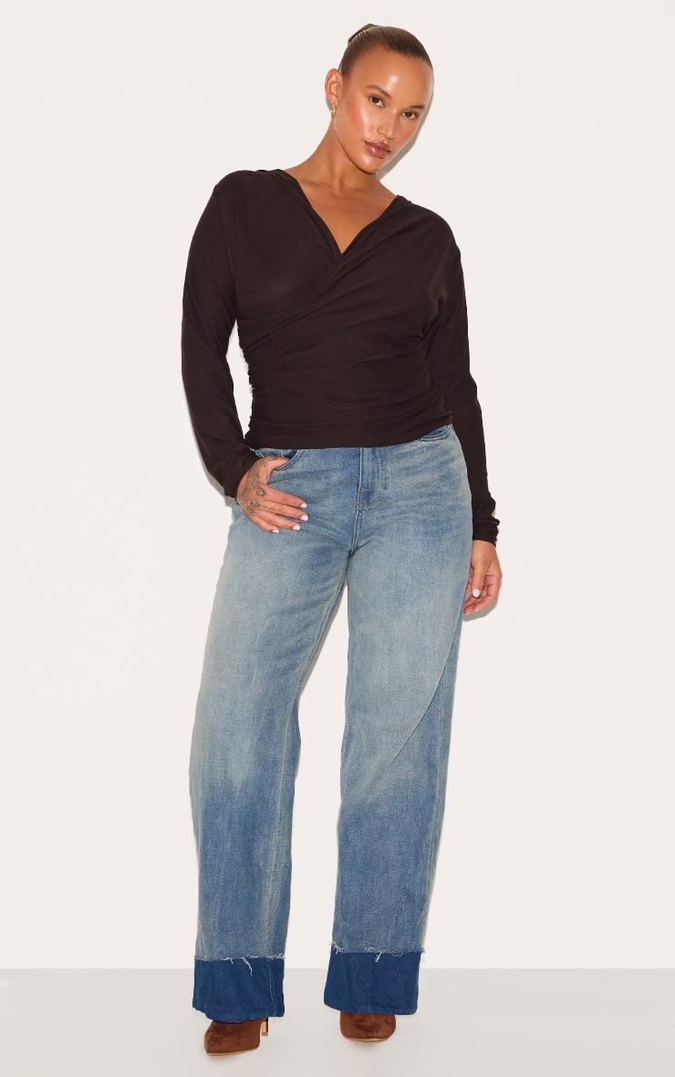 Pretty Little Thing Plus Chocolate Soft Touch Ruched Long Sleeve Longline Top