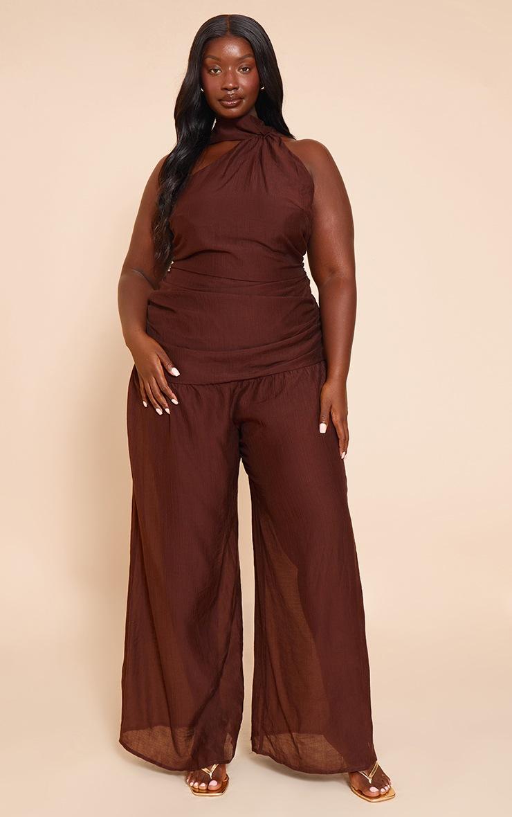 Pretty Little Thing Plus Chocolate Textured One Shoulder Scarf Detail Jumpsuit