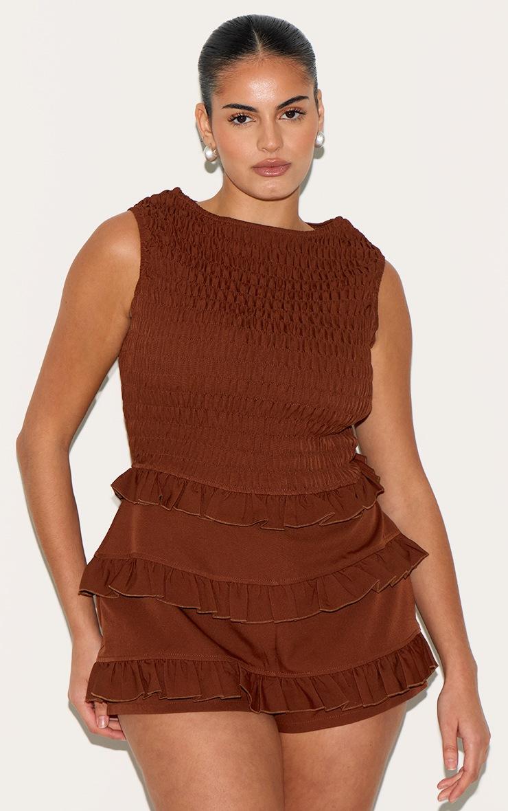 Pretty Little Thing Plus Chocolate Woven Shirred Boat Neck Romper