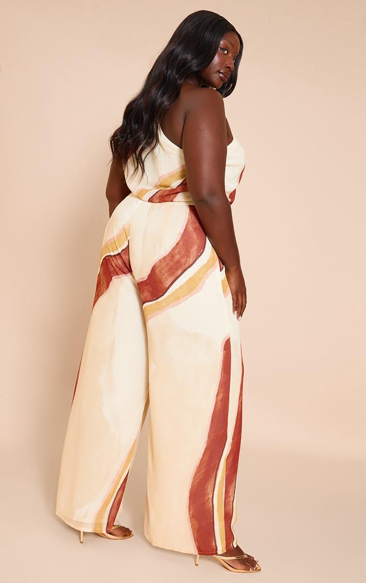 Pretty Little Thing Plus Cream Abstract Chiffon One Shoulder Ruched Jumpsuit