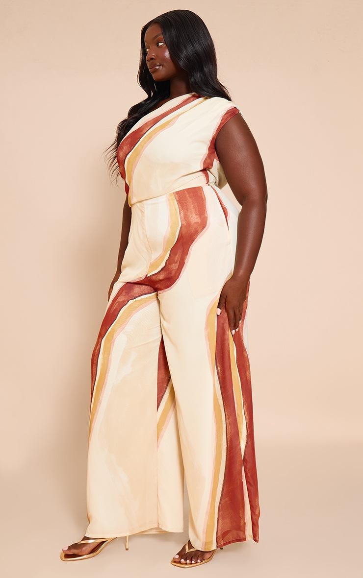 Pretty Little Thing Plus Cream Abstract Chiffon One Shoulder Ruched Jumpsuit