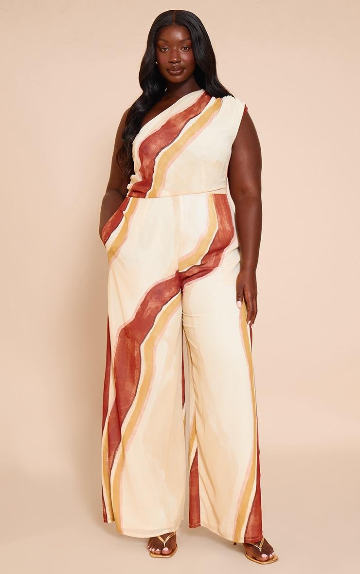 Pretty Little Thing Plus Cream Abstract Chiffon One Shoulder Ruched Jumpsuit