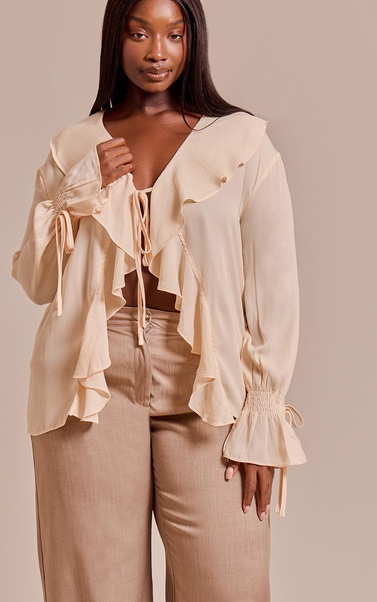 Pretty Little Thing Plus Cream Chiffon Ruffle Tie Front Blouse